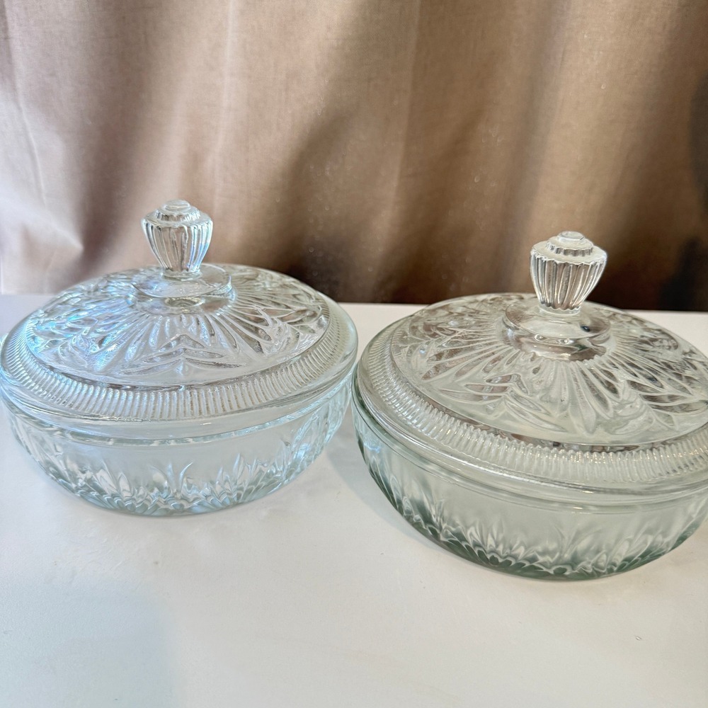 Avon Fostoria Clear Glass Lidded Candy Dishes Set of 2 Vintage Sunburst Petal